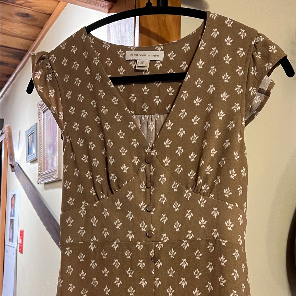 Monteau Tan Dress with White Floral Design